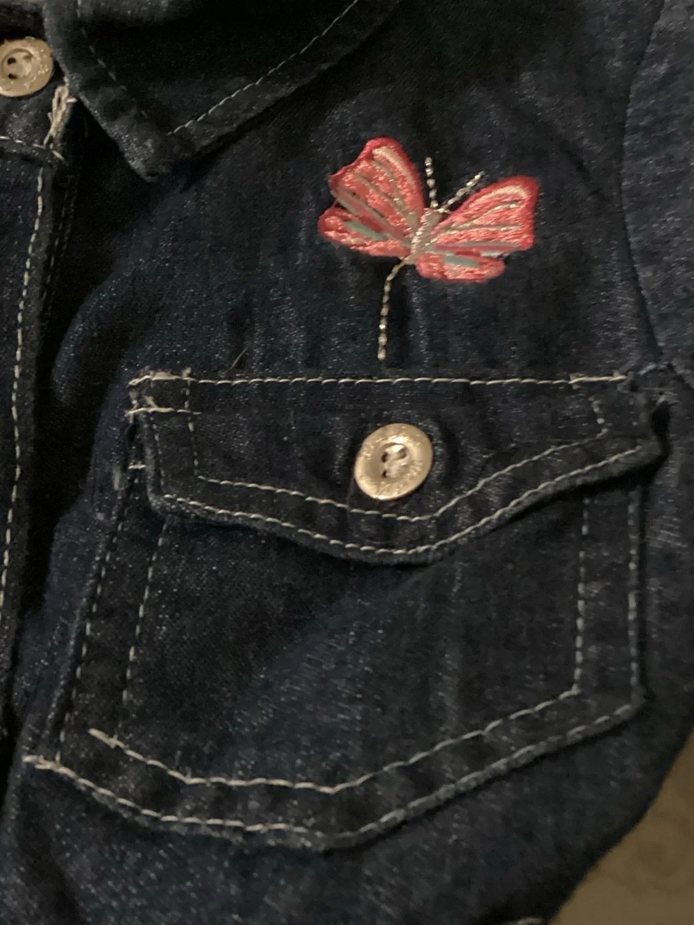 Kids Dark Blue Denim Dress with Pink Butterfly Accent And Belt Size 4